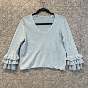 MARGARET O’LEARY Cashmere Sweater Women's Medium Light Blue Knit Ruffled Cuff